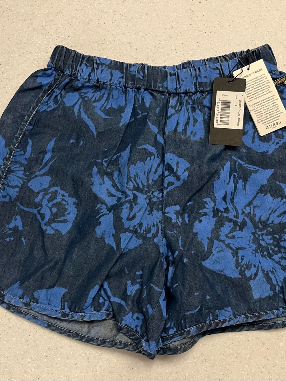 GUESS Girls Blue Floral High-Waist Elastic Shorts Size 16